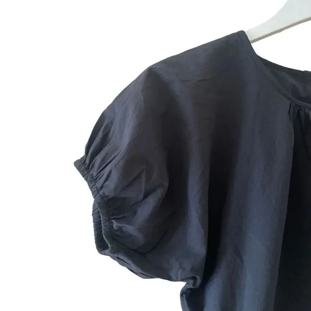 Madewell Embroidered Black Keyhole Closure Poplin Puff-Sleeve Y2K Sz XS  #1657
